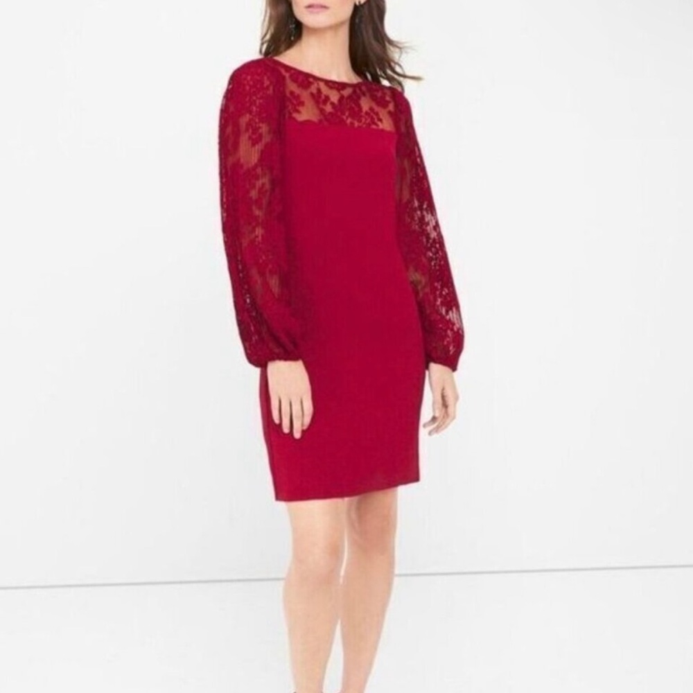 White House Black Market Red Maroon Lace Long Sleeve Party Dress Women size 8